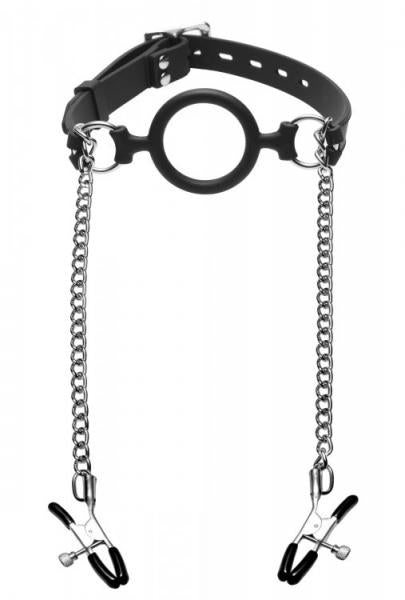 Mutiny Silicone O Ring Gag With Nipple Clamps Black-Master Series-Sexual Toys®