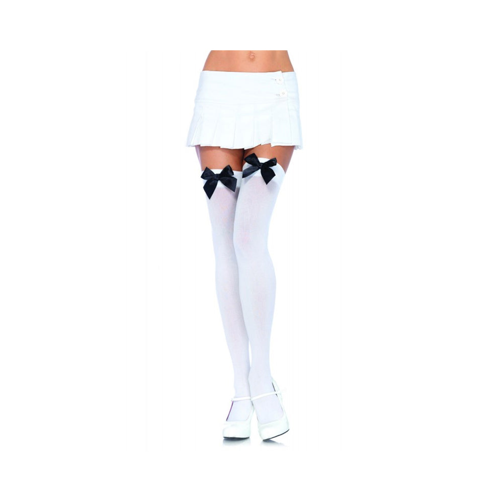 Nylon Over The Knee Bow Accent O/S White/Black-blank-Sexual Toys®