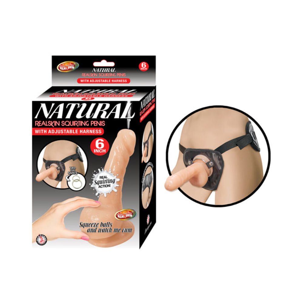 Natural Realskin Squirting Penis W/adjustable Harness 6in Flesh-Nasstoys-Sexual Toys®