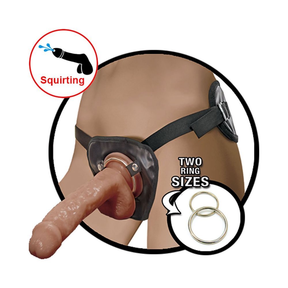 Natural Realskin Squirting Penis With Adjustable Harness 8&quot; - Brown-Nasstoys-Sexual Toys®