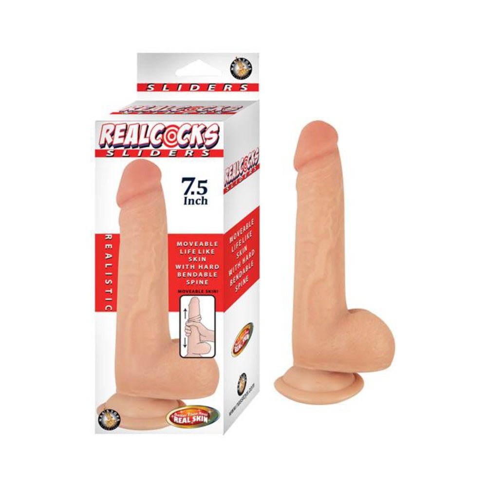 Realcocks Sliders 7.5in Moveable Skin Bendable Harness Compatible Suction Cup Base Flesh-Nasstoys-Sexual Toys®