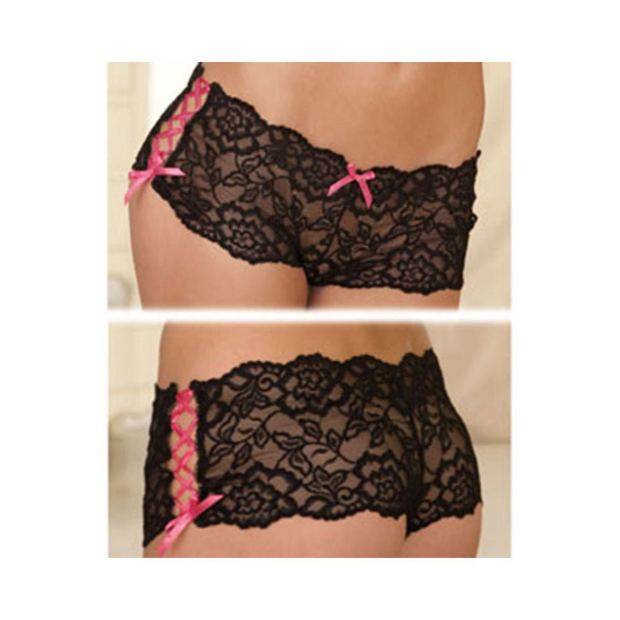 Rene Rofe Crotchless Lace Side Tie Boyleg Panty Black M/L-Rene Rofe-Sexual Toys®