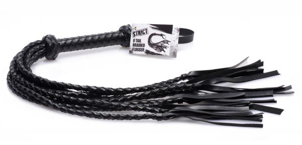 8 Tail Braided Flogger Black Leather-STRICT-Sexual Toys®